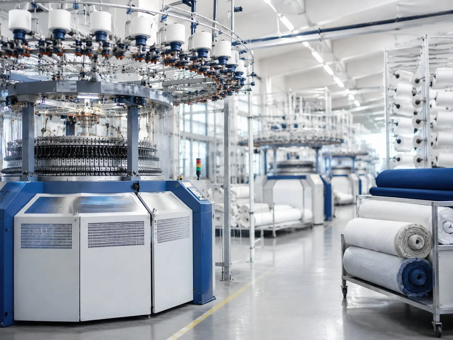 Circular knitting machines and fabric rolls — production facility